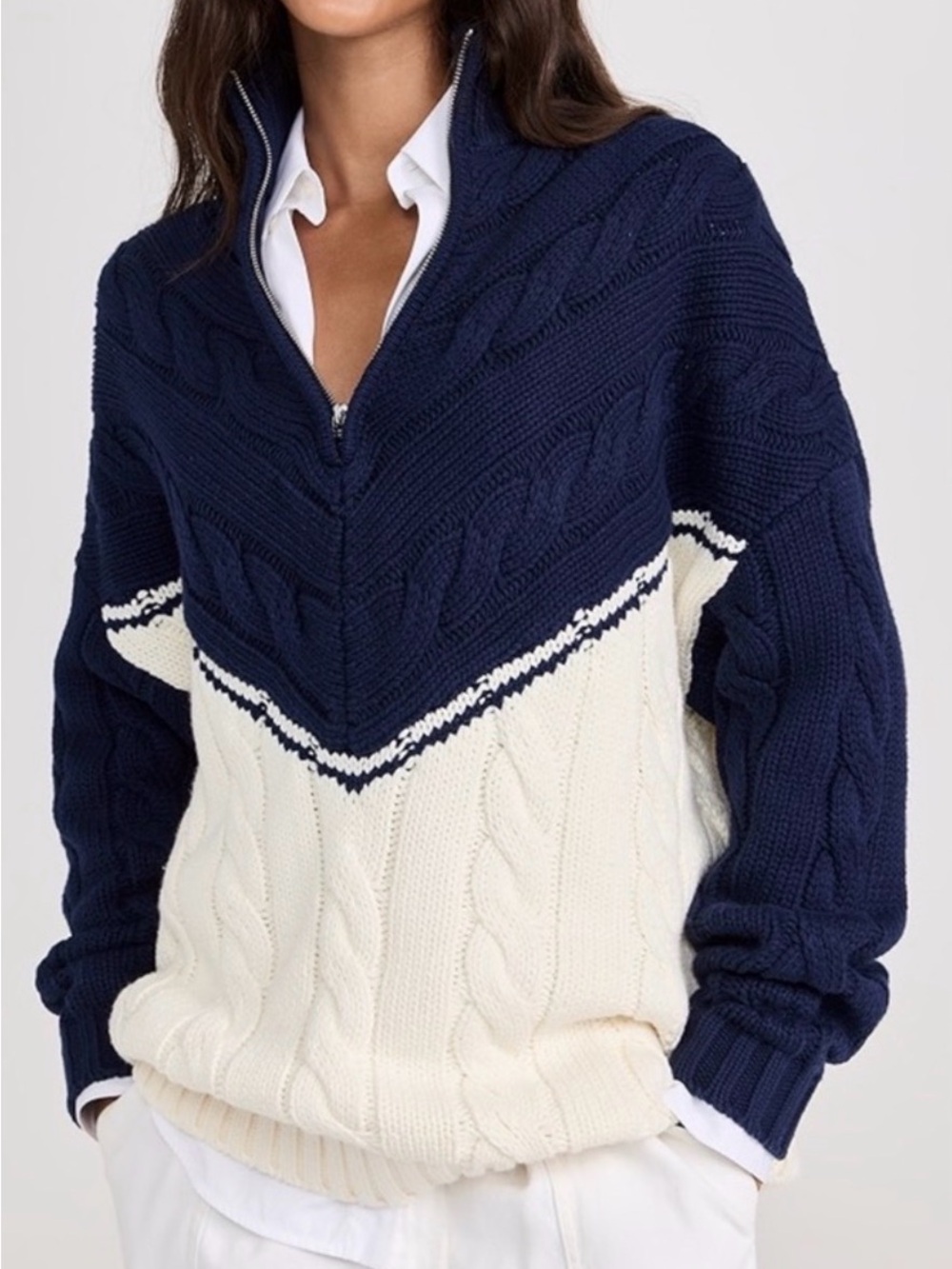 STAUD Chunky Cable Knit Half Zip Sweater Navy Cream Size Medium